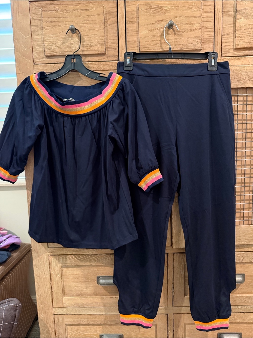 Trina Turk Navy jogging pant set with Pink & Orange and gold Trim